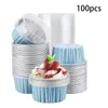 Strumenti di cottura 100Pcs 5Oz 125Ml Pirottini usa e getta Fodere per muffin con coperchi Fogli di alluminio Cupcake Cupcake-Blu