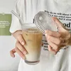 Tazza di vetro a strisce semplici da 375 ml con coperchio e cannuccia Tazza di tè a bolle trasparenti Bicchiere di succo di birra Latte Tazze di moka Tazza da colazione