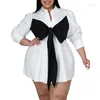 Plus size jurken vrouwen witte veter boog nek taille revers zwart en contrast smalle blouse jurk met lange mouwen