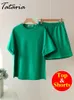 Women's Two Piece Pants Classic Tracksuit Casual Green Suit Shorts with T-shirt for and Top Loose Oversize 100% Cotton Summer Sets 230511