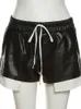 Frauen Shorts Simenual Fuax Leder Kurze Sommer Mode Unregelmäßigen Patchwork Kordelzug Elastische Taille Gerade Böden Kleidung Weibliche 230510