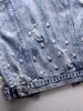 女性のベストファッションデニムベスト女性春秋のパッチフラワーズスパンコールビーズの袖なしチョッキの学生トップジャンショートジャケット230511