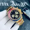 Mäns lyxig automatikCasual Watch Black Strap -armbandsur Mensklockor för Rainbow Diamond Inlaid Mechanical 41mm Golden Full Stainless Steel