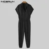 Hosen INCERUN Sommer Männer Casual Overalls Solide Kurzarm Streetwear Dünne Strampler Lose Atmungsaktive Taste Männer Cargo Overalls S5XL