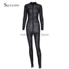 Women's Two Piece Pants Transparent Leopord Pattern Long Sleeve One-piece Jumpsuit Women Sexy Turtleneck Back Zip High Waist Trousers Body Suit Clubwear T230512