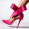 Klänningskor Fuchsia Satin Bow Pump Point Toe Ankel Strap Stiletto High Heels Women Firande Party Plus Size 45