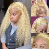 Brasileiro 13x4 Wig Frontal de renda transparente de onda profunda 613 Honey Blonde Simulation Curly Human Hair Wig 200% Remy Synthetic for Women