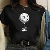 ブラジャーニューカートゥーン宇宙飛行士プリント女性Tシャツカジュアルラウンドネックトップスゆるいハラジュク半袖Tシャツ韓国スタイルブラックカレスP230512