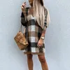 Casual Dresses Vintage Lady Långärmad Autumn Sweater Dress Loose Winter Warm Pullover Sexig Deep V Plaid Sticked for Women