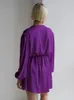 Women's Sleepwear Hiloc Purple Lantern Sleeve Robe Women's Dressing Gown With Sash Bathrobe Female Mini Dress Sexy Robes For Women Sleep