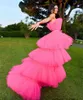 Fashion Fuchsia High Low Evening Prom Dress Celebrity Style 2023 Senza spalline Increspature a strati Tulle Abiti da cerimonia per donne Abiti da festa Abiti da sera Gala