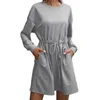 Robes décontractées automne femmes élégante robe de soirée à manches longues col rond à lacets solide Mini Dresse femme mode ceinture poche Streetwear