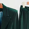 Women's Two Piece Pants Women Velvet Pantsuit Fashion Autumn Winter Blackish Green Single Button Blazer Wide Leg Flare Office Suits