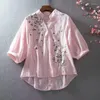 Dames polos literair katoenen shirt vrouwen borduurwerk bloemen vrouw blouses v-neck halve mouw kanten zomer dunne top vrouwelijk wit