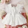 Dziewczyna sukienki księżniczki niemowlęta dziewczyny koronkowe haft romper sukienka słodka pióra Tassel rękaw bez pleców letnie pióra maluch
