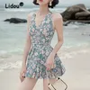 Kvinnors badkläder 2023 Kvinnor Floral Print Ruched Sweet Swimsuit Summer V Neck Push Up Sexig Beach Mini Dress Slim Bathing Suits 230511