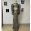 Casual Dresses Luxury Silver Sequined Glitter Choker Maxi Long Dress Women Elegant Puff Sleeve High Split Celebrity Evening Club Party