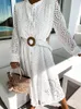 Vestidos casuais elegantes Hollow Out Lace Solid Dress Office Lady Slit Button Dress Summer Spring Spring Sleeve Tennis Beach Dresses Robe 230512