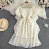 French Forester First Love Dress Vintage Gentle Style Super Fairy Liten Fresh Square Neck Bubble Sleeve Midja en linjeklänning