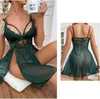 Damen-Nachtwäsche, Damen-Nachthemd aus Spitze, ärmellos, Spaghettiträger, durchsichtiges Netz-Nachthemd, sexy Dessous-Pyjama, Slip-Kleid mit Schlitz