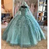 Монетные зеленые платья Quinceanera с накидными аппликациями