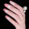 Falska naglar DIY Fashion Flower Design Lång storlek Oval Pink Gradient Nail Art Tips med limflickor 3D Shining Rhinestone Fake