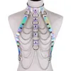 Sexy Goth Holographic Bodychain Harness Top Punk Women Holo Rainbow Chest Waist Chains Festival Rave Outfit Choker Jewelry Party Gift