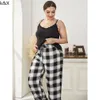 Kvinnors plus -storlek på spåren Pants Passar Two Piece Set 4xl Big Pyjamas Plaid Bottoms Sleep Wear Women spets cami pyjama elastisk midja byxa set 230511