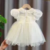 Fille Robes Filles Vêtements Enfants Princesse Robe Doux D'été À Manches Courtes Bébé Infant Fête D'anniversaire Perlé Maille Fée Robe ADK2452