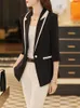 Damenanzüge Sommer Frühling Frauen Halbe Hülse Blazer Damen Schwarz Weiß Streifen Single Button Weibliche Formale Jacke Mantel