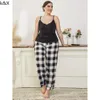 Kvinnors plus -storlek på spåren Pants Passar Two Piece Set 4xl Big Pyjamas Plaid Bottoms Sleep Wear Women spets cami pyjama elastisk midja byxa set 230511