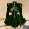 Hunter Green Velour Beading evening Cocktail Dresses Crystals Long Sleeves short homecoming Gown Robe De Soiree Chic