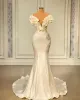 Elegant Satin Mermaid Evening Dresses Off The Shoulder Ruffles Floor Length Flowers Beaded Pearls Long Pary Ocn Prom Gowns Formal Wears Bc