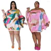 Robes décontractées surdimensionnées femmes robe impression Satin manches chauve-souris Slash cou ample 2023 été grande taille vêtements en gros