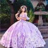 Lilas lavande Princesse Quinceanera Robes Hors Épaule 3D Floral Gillter Paillettes Lace-up Corset prom Vestidos 15 anos rosa