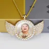Custom Baby Photo Angel Wings Pendant with Long Chain Rhinestones Necklace Personalized Glass Dome Picture Jewelry