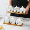 Storage Bottles Household Square Ceramic Seasoning Tank Set Flower Box Kitchen MSG Salt Bowl Sugar