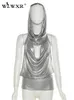 Tops WLWXR Autumn Sexy Silver Hooded Tank Top Club Outfit For Women 2022 Backless Party Tops Female Shiny Solid Casual Tee Shirts