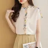 Women's Blouses Ruffle Front Vintage Printed Summer Chiffon Blouse Women Short Sleeve Satin Top Korean Elegant Ladies Floral