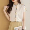 Damesblouses ruche front vintage geprinte zomer chiffon blouse vrouwen korte mouw satijnen top Koreaanse elegante dames bloemen