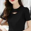 Women's Blouses Fashion O-Neck Spliced Folds Short Sleeve Hollow Out Blouse Women's Clothing 2023 Summer Oversized Casual Tops Korean