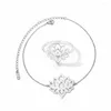 Necklace Earrings Set Simple Lotus Ring Bracelet For Women Hollow Flower Minimalist Stainless Steel Wedding Birthday Jewelry Festival Gift