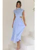 Casual Dresses Foridol Stand Collar Waist Cut Out Women Summer Midi Dress Green Sleeveless A-line Holiday Beach Solid Vestidos Party Robe 230512