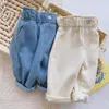 Dżinsy Spring Baby Dziewczęta Jeans Solidny wysoki talia Casual Boys Pants Kids Pełna długość Spodnie 230512