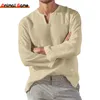 メンズのTシャツリネンシャツ男性短い通気性快適なソリッドカラー長袖ハラジュクカジュアルブラウスハワイアンシャツ特大トップスS5XL 230512