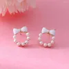 Stud Earrings 2023 Korean Elegant Trendy Round Crystal Wreath Bow For Women Imitation Pearls Jewelry Oorbellen Gift