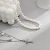 Anhänger Halsketten Salircon Mode Imitation Perle Perlen Halskette Für Männer Exquisite Strass Kreuz Punk Trend Schmuck