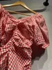 Blouses pour femmes 2023 été mode rouge Plaid chemise plissée pour dames mince col en v manches bouffantes doux Blouse hauts