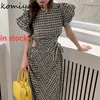 Vestidos informales con cordones, Vestidos ahuecados en la cintura, vestido a cuadros con mangas abullonadas, Vestidos de verano para mujer, vestido coreano elegante con cuello redondo para mujer 230512