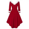 Casual Dresses SKMY Winter Sexy V-Neck Red Christmas Long Sleeve Midi Swing Princess Dress White Feather Asymmetric Women Party Santa